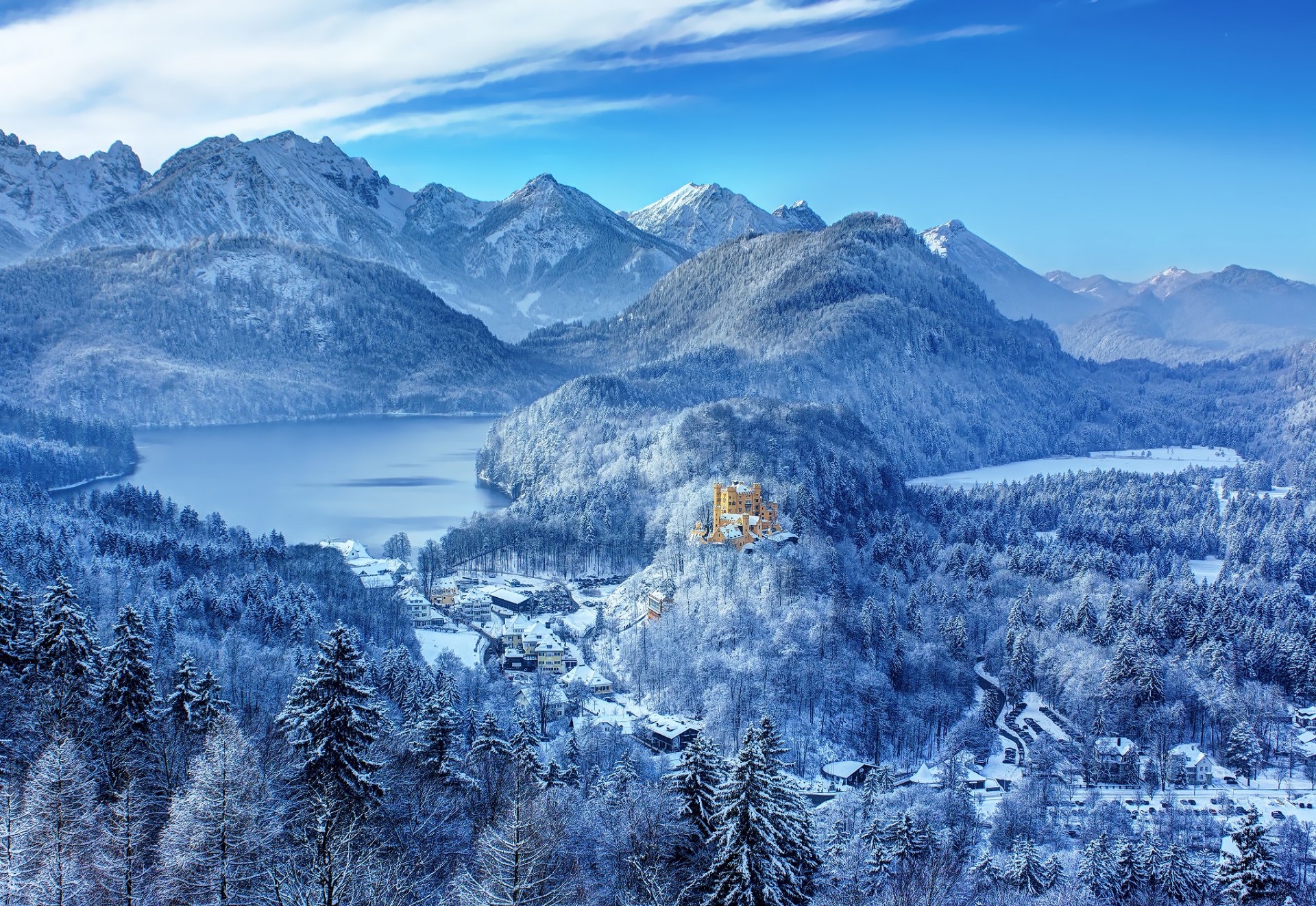 germany southern bavaria castle hohenschwangau gogenshvangau winter snow mountain forest