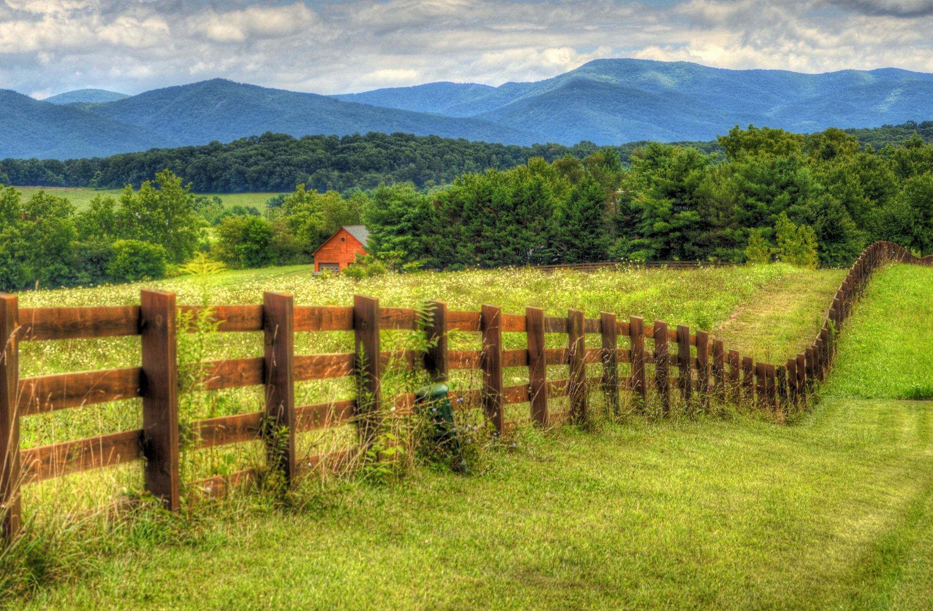 house meadow sky clouds road landscape view nature colors view