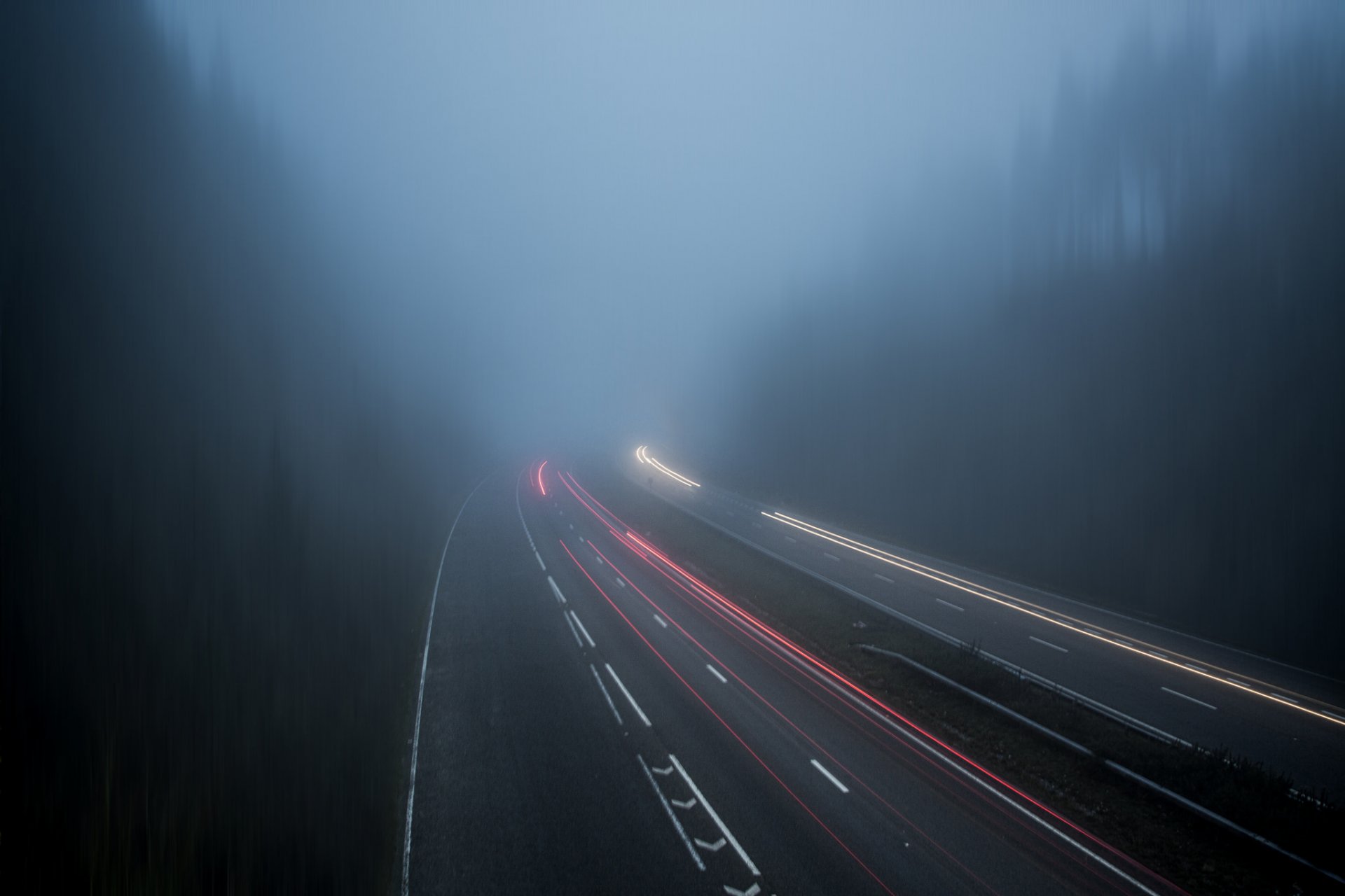 united kingdom england road traffic extract fog forest tree