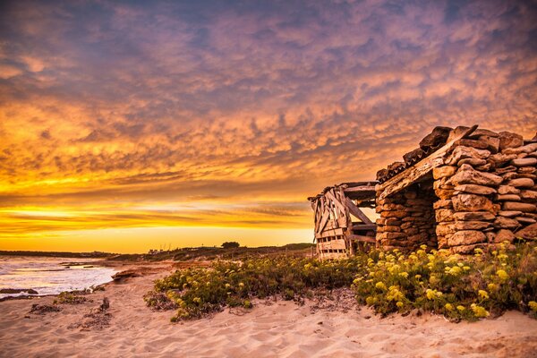 View of the coastline and a beautiful sunset