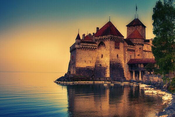 Old castle on the lake shore