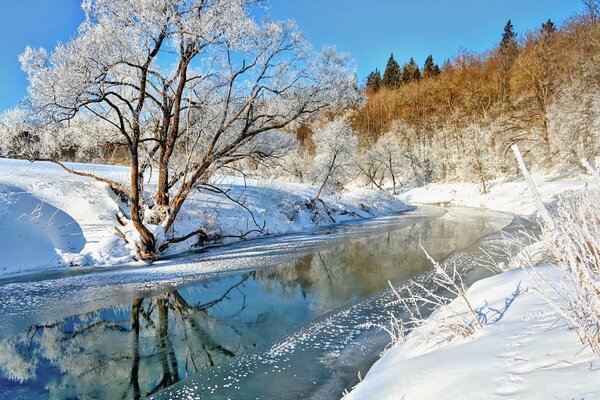 Winter landscape, the river does not freeze