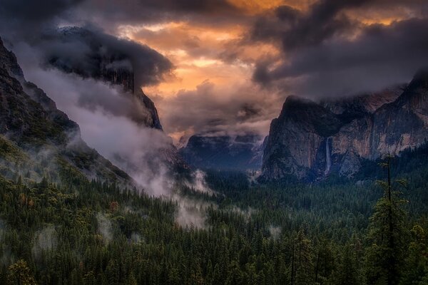 Sunrise at a waterfall in the mountains