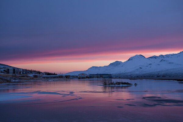 Icy lake in Iceland sunset