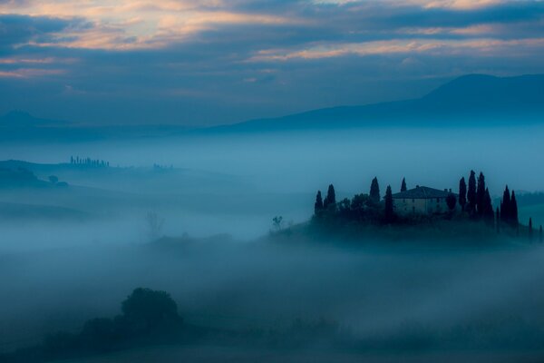 Paysage du château dans le brouillard à l aube