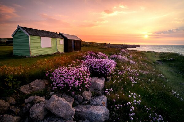 Huts of wonders. Lots of rocks. Beautiful sun. Great Britain