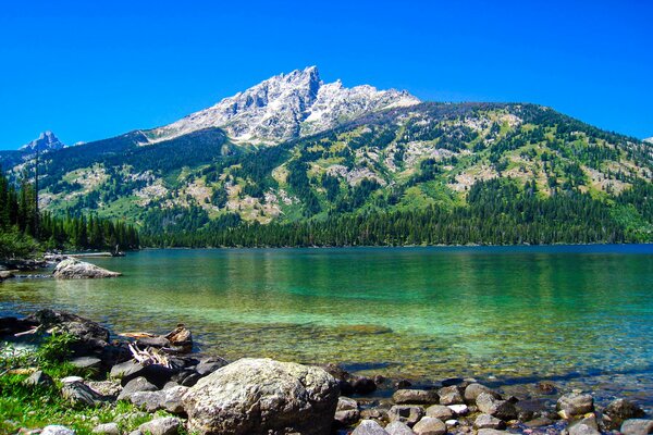 Das kristallklare Wasser des Sees am Fuße der Berge