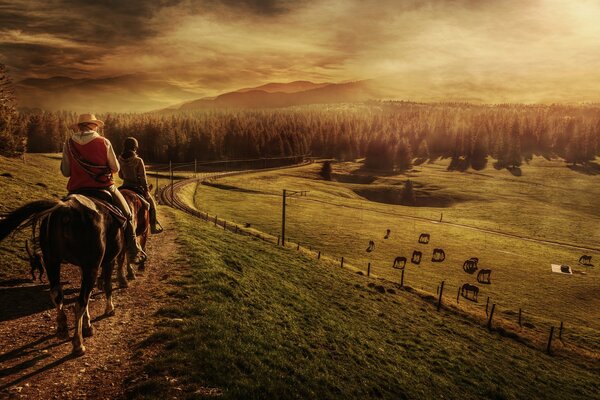 Riders on the background of sunset on a rural road