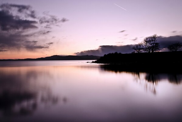 Silhouettes of trees in the evening lake