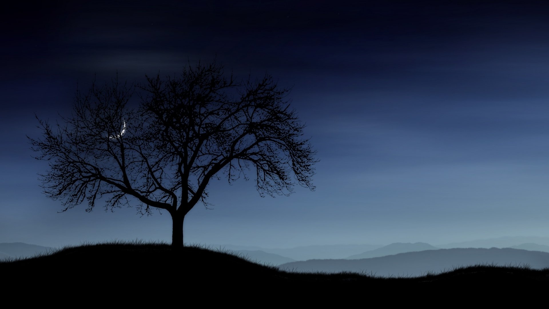 collines herbe arbre ciel lune