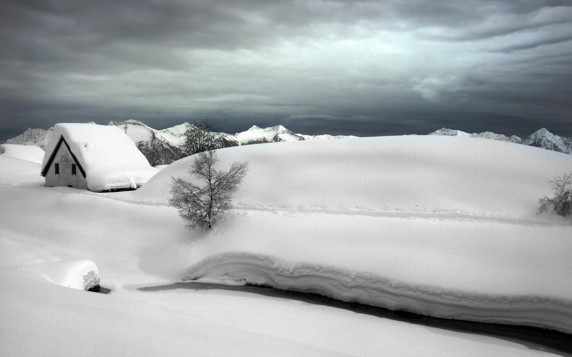 invierno nieve casa río paisaje