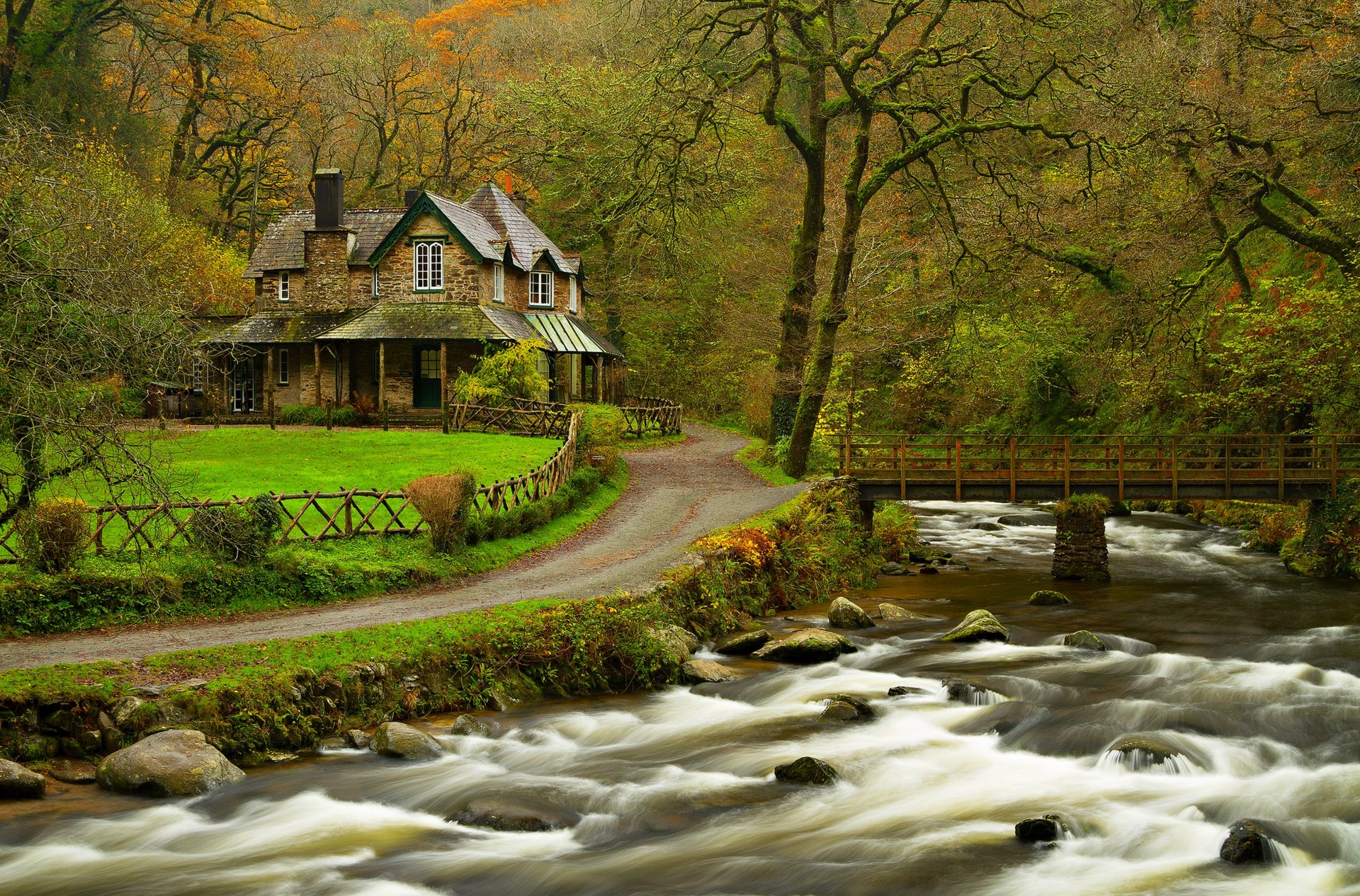 nature house home river water forest park trees bridge leaves colorful spring fall colors walk tree mountain