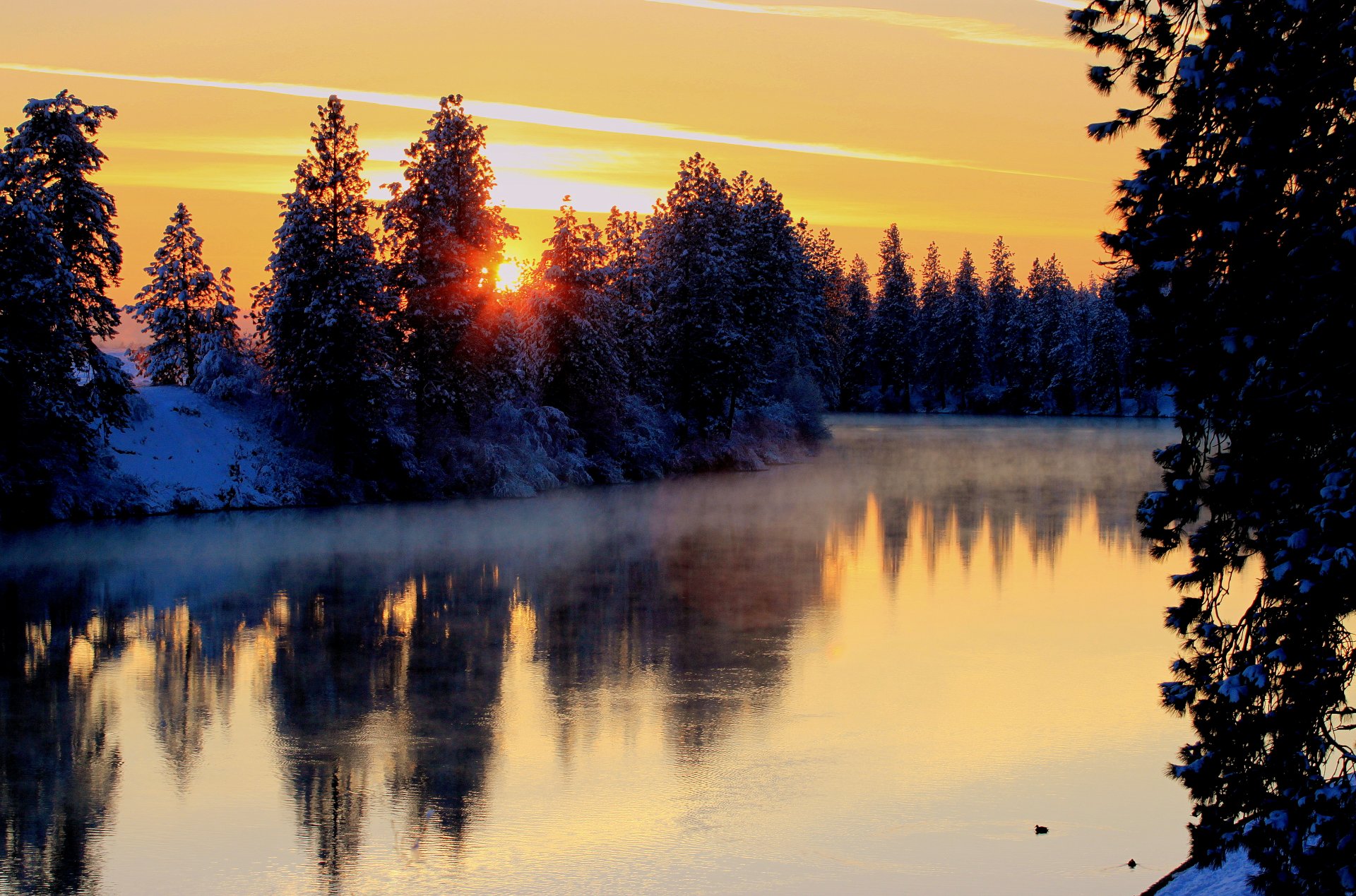 inverno fiume evaporazione coste alberi neve cielo sole tramonto