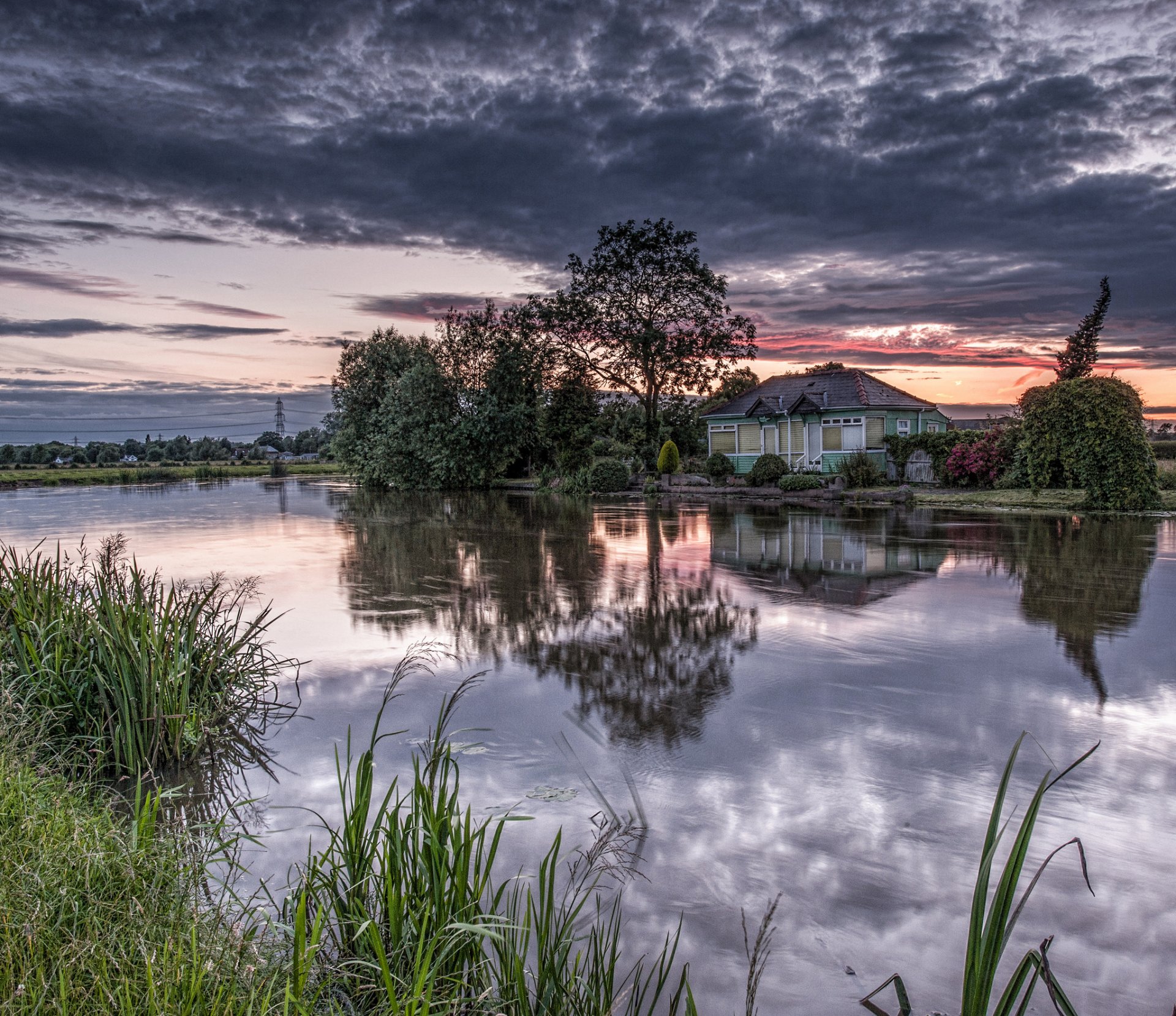 lake pond house tree dawn