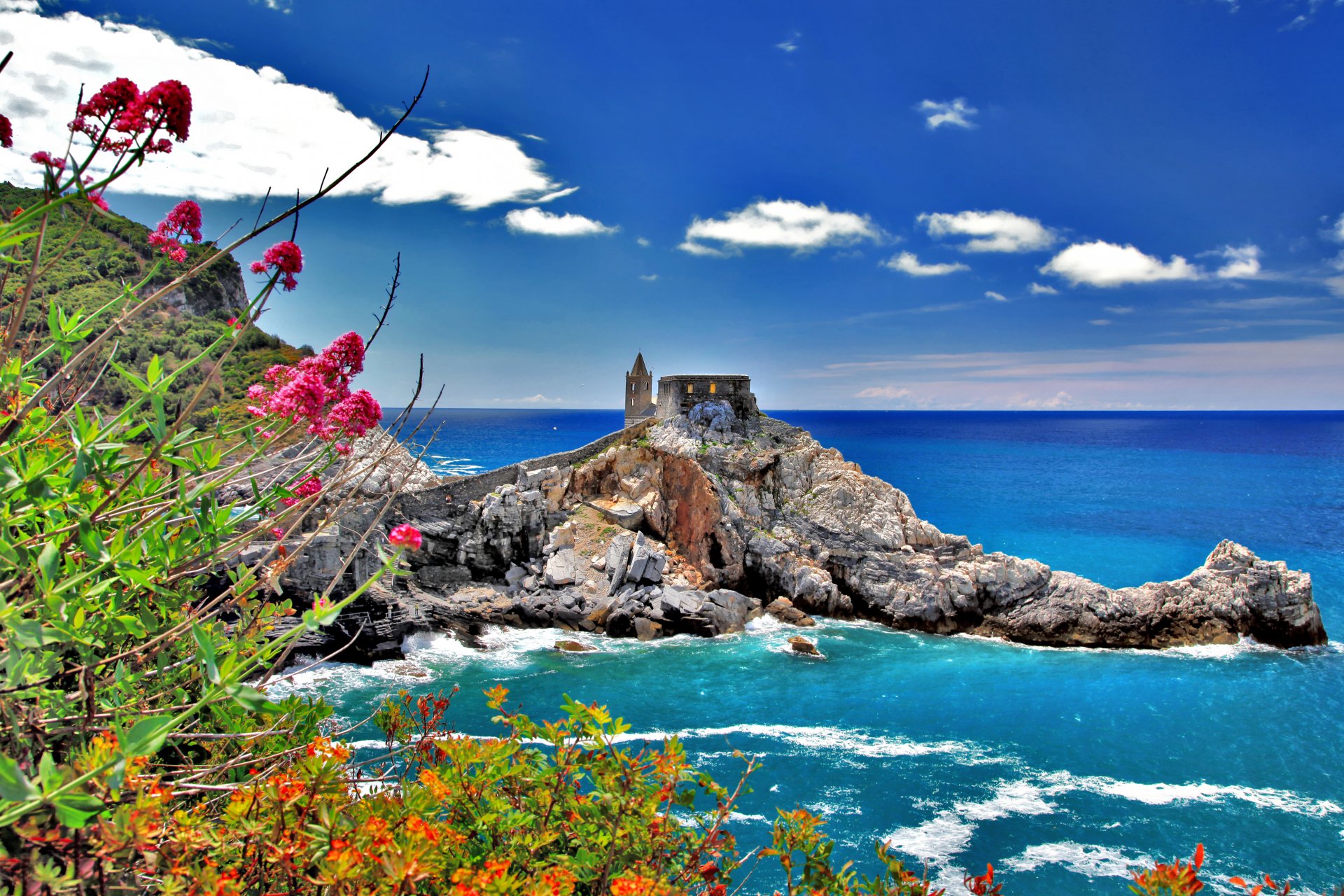 cinque terre italy sky sea town clouds rock flower nature house tower