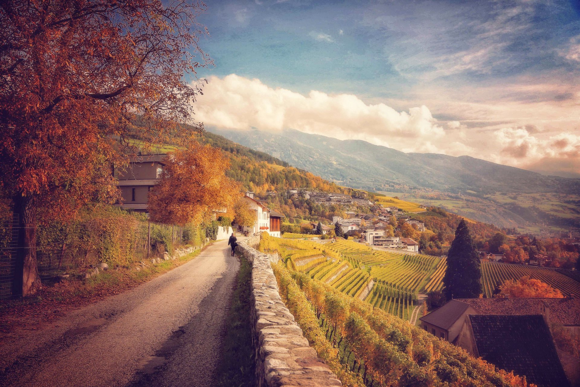 italie montagnes route pente vignes arbres maisons automne feuillage nuages paysage