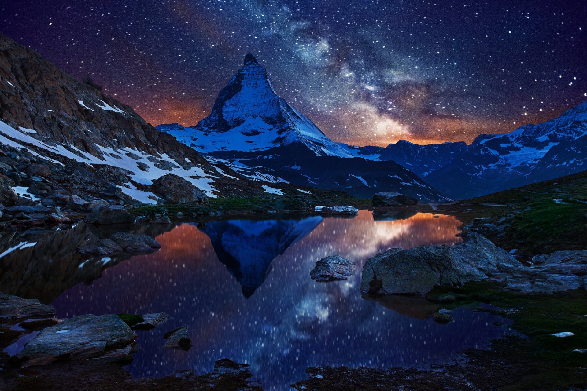 matterhorn suiza montaña cumbre alpes lago nieve cielo vía láctea estrellas noche