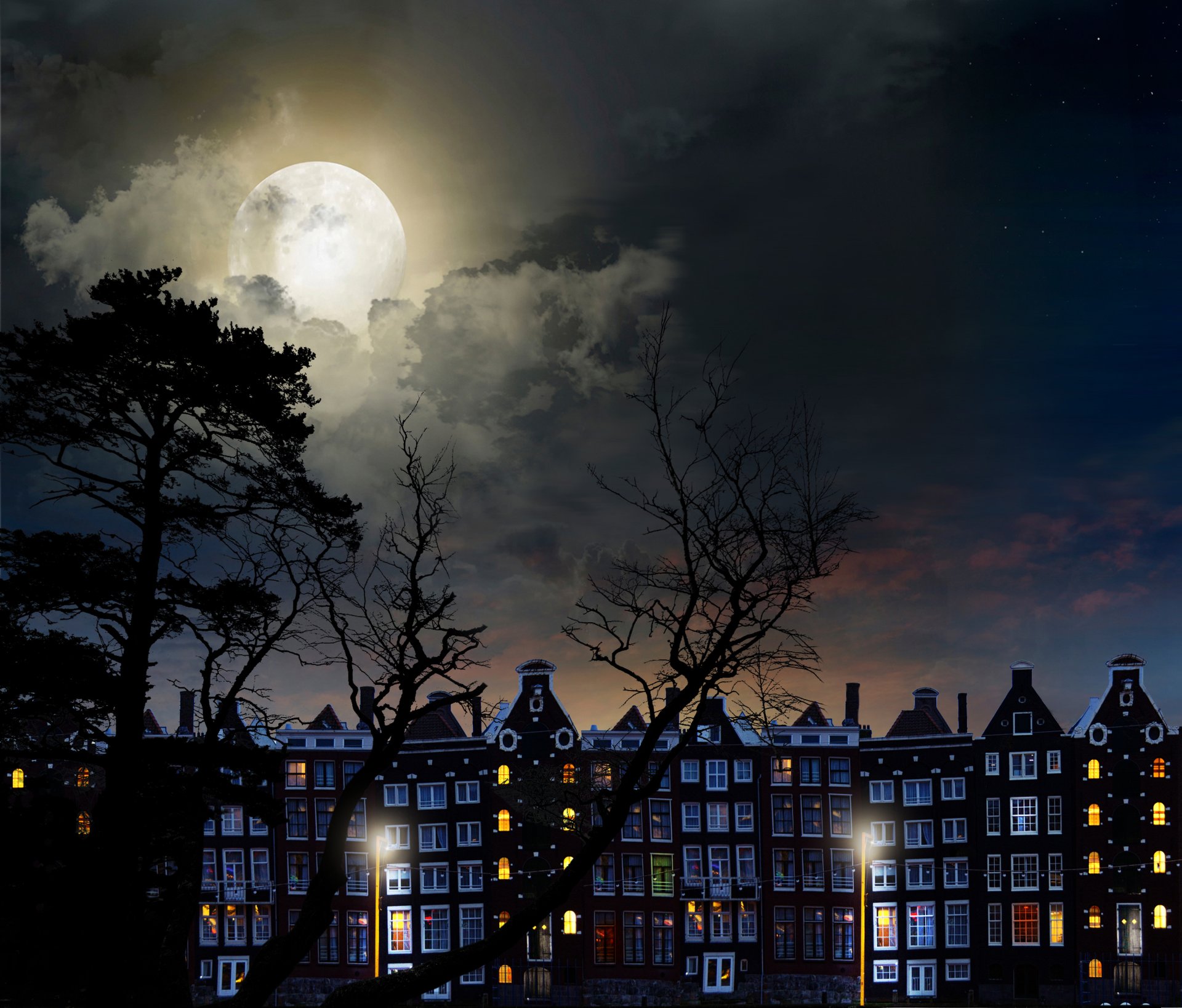 full moon magical night city buildings trees sky clouds landscape city building