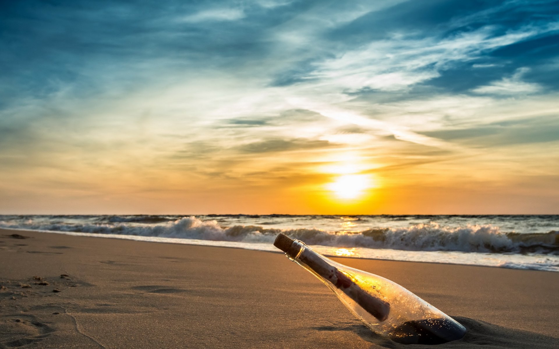 message de la mer coucher de soleil mer bouteille paysage