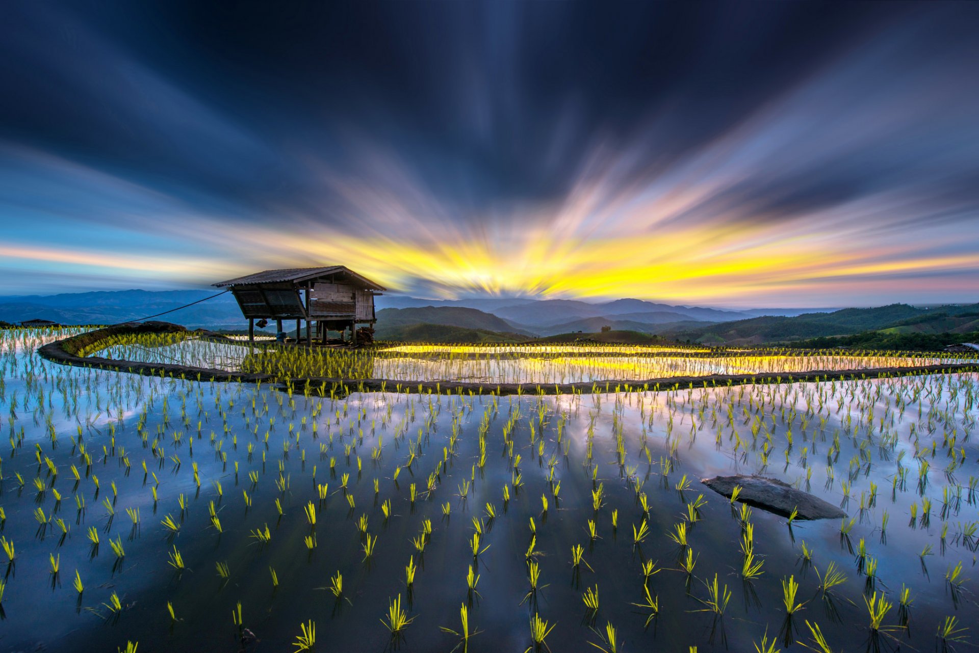 himmel licht hügel berge feld wasser sprossen haus