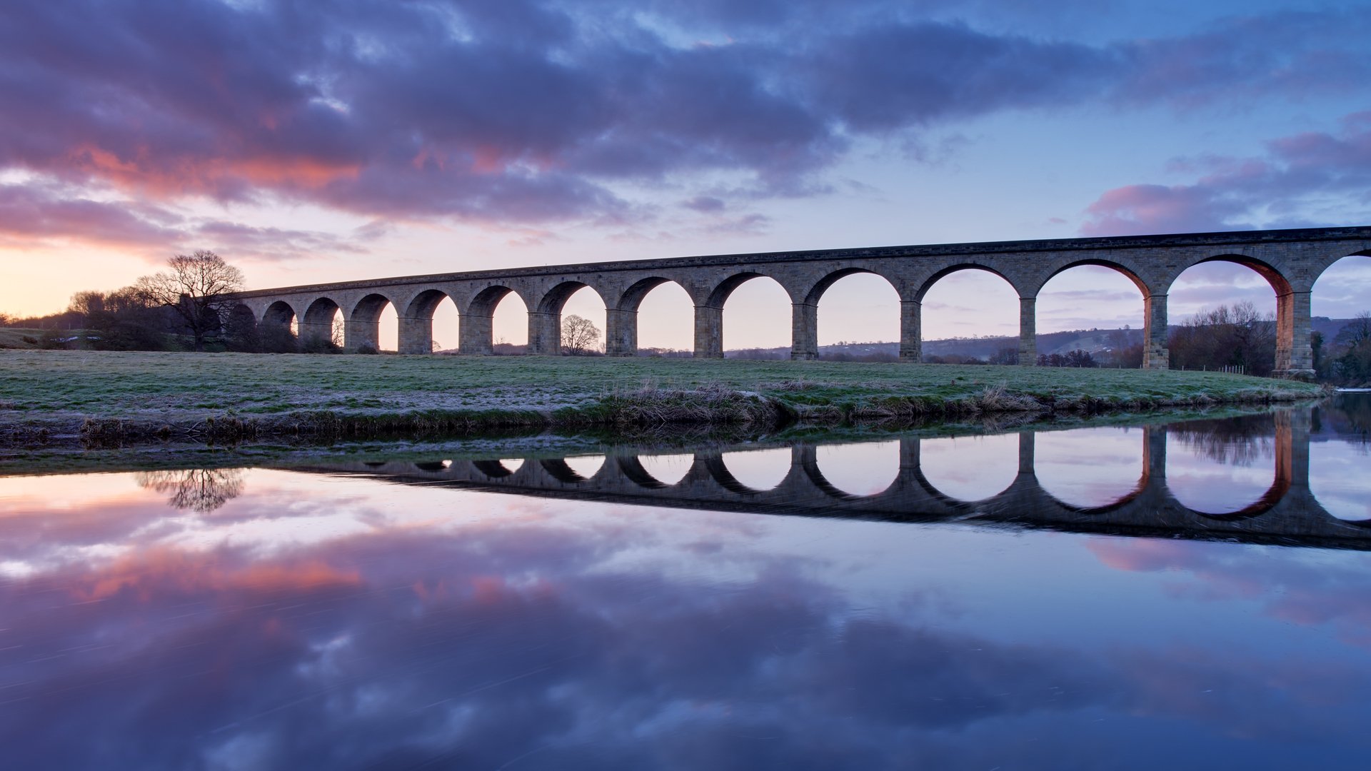 united kingdom england bridge viaduct river morning dawn sky clouds reflection