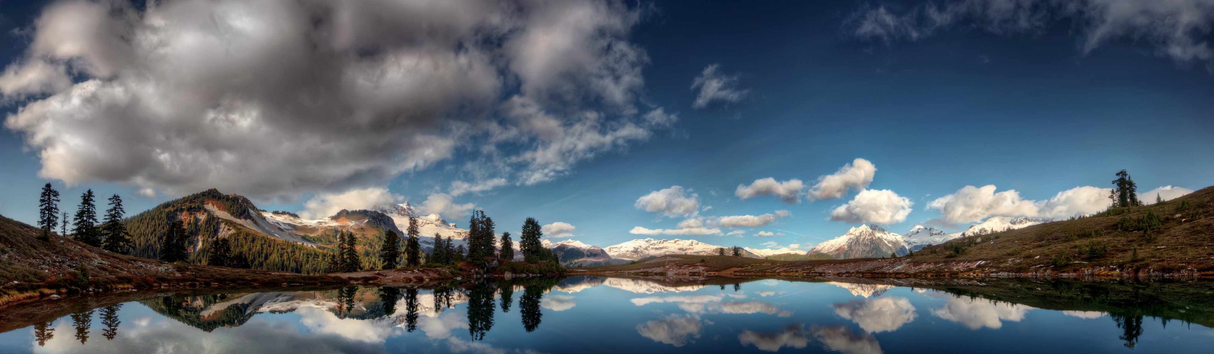 lake mountain reflection clouds panorama