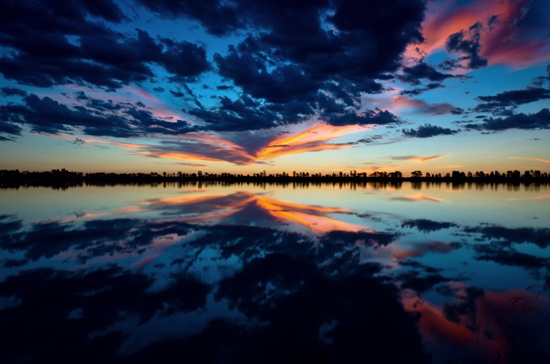 lake night sky clouds reflection