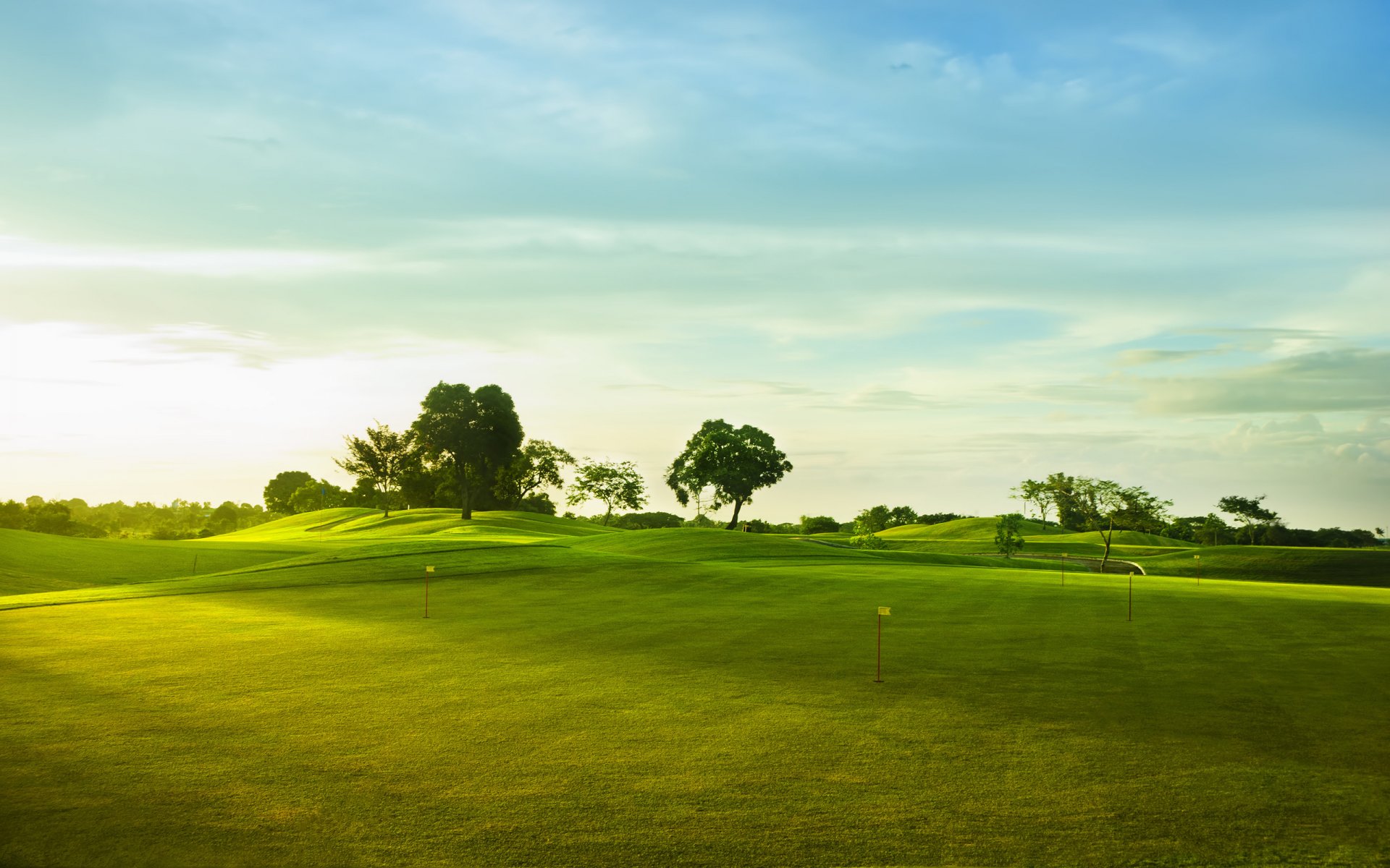 terrain de golf paysages nature sport herbe collines arbres ciel nuages drapeaux drapeau herbe verte champ vert fond d écran widescreen pour ordinateur de bureau 2560x1600 golf fond d écran sportif