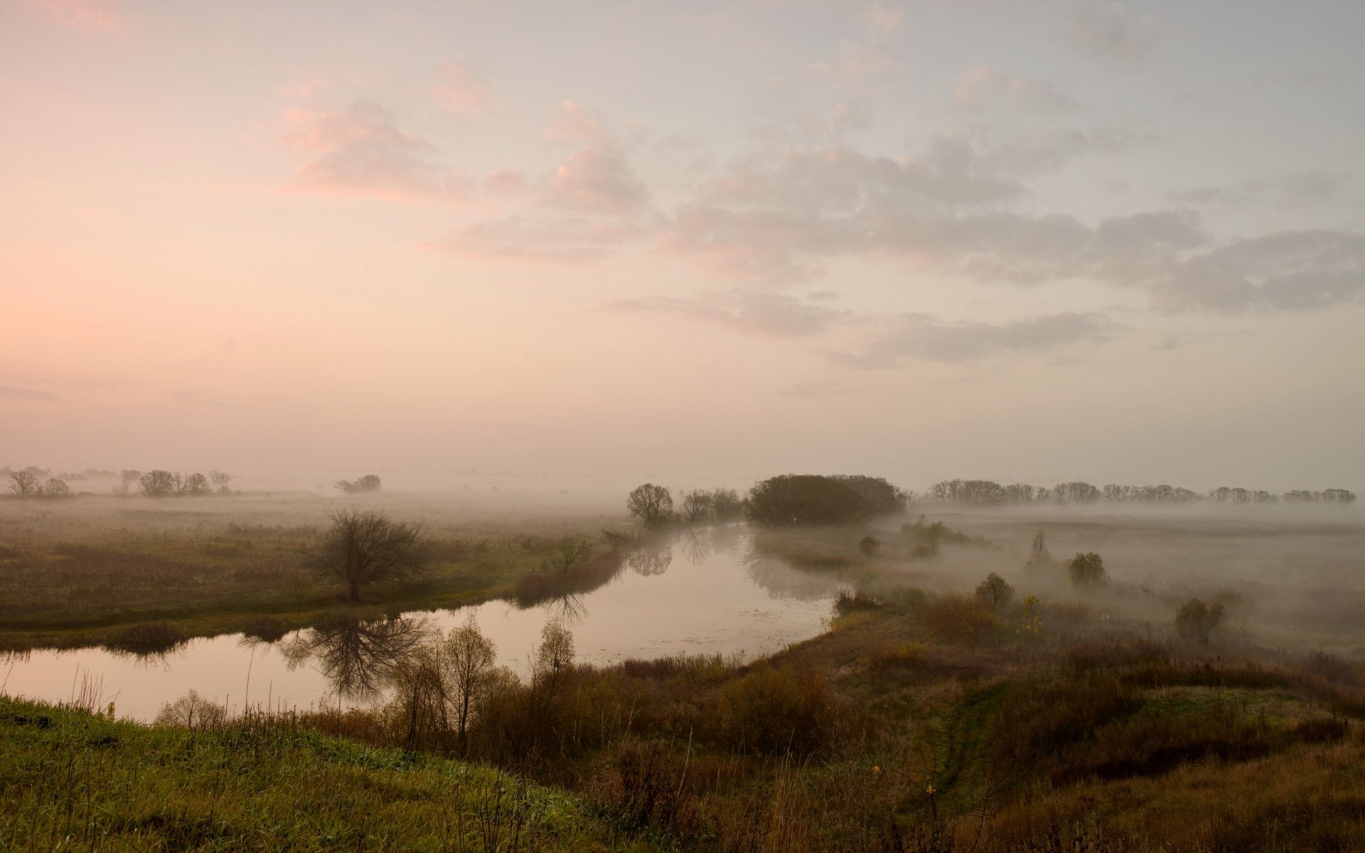 river the field fog landscape