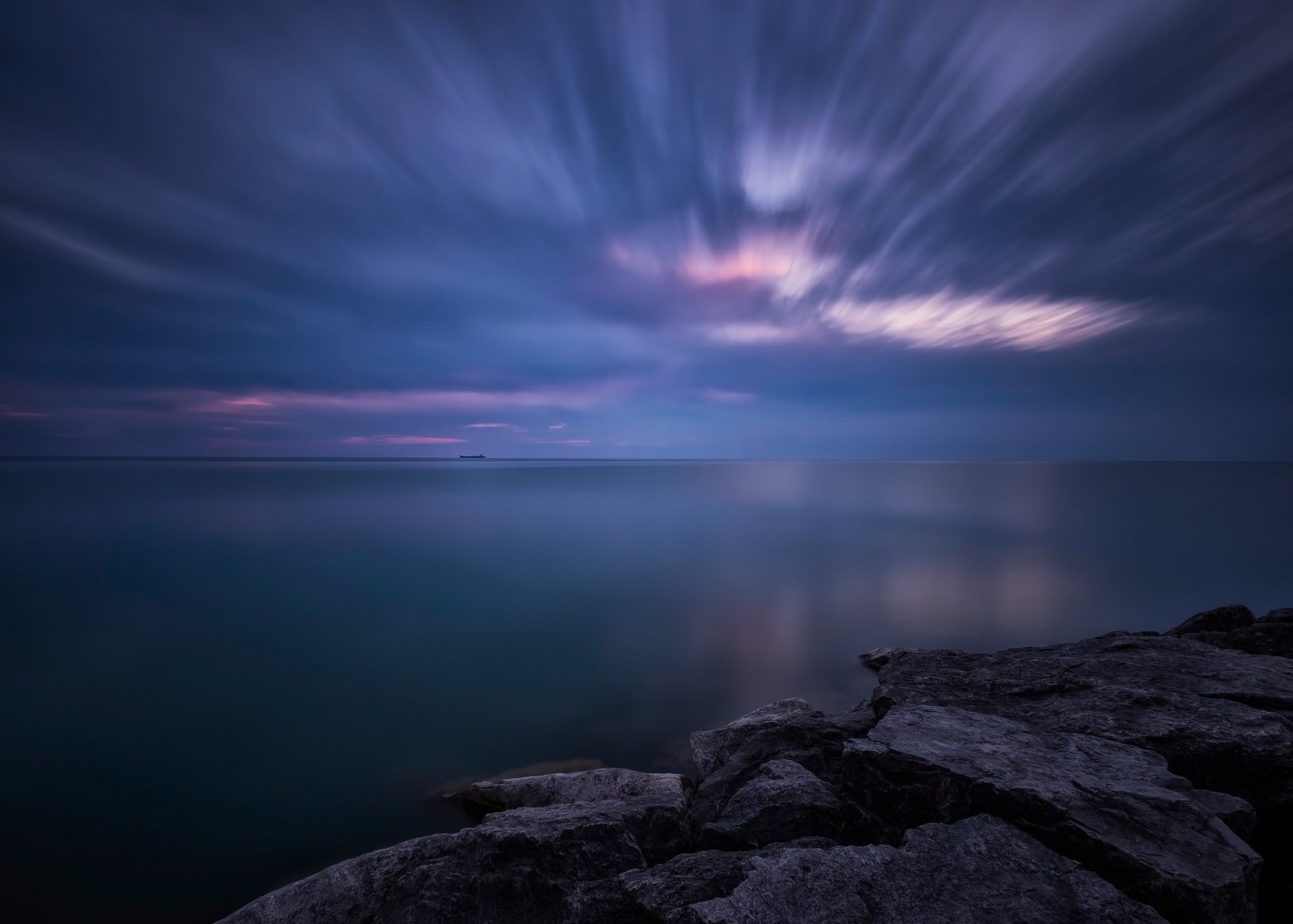 canada ontario lake huron beach stones night twilight sunset sky cloud