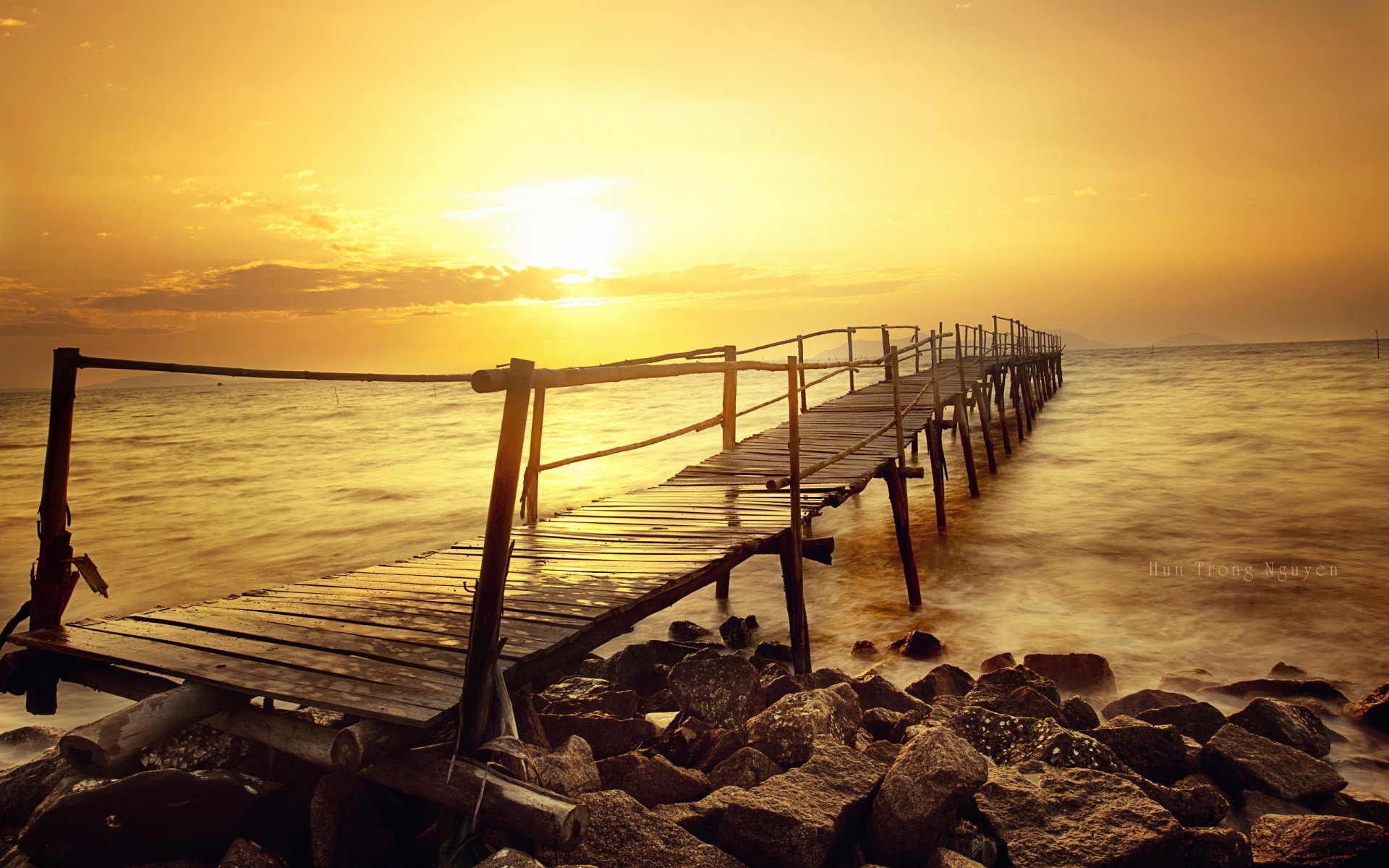 mer coucher de soleil pont paysage