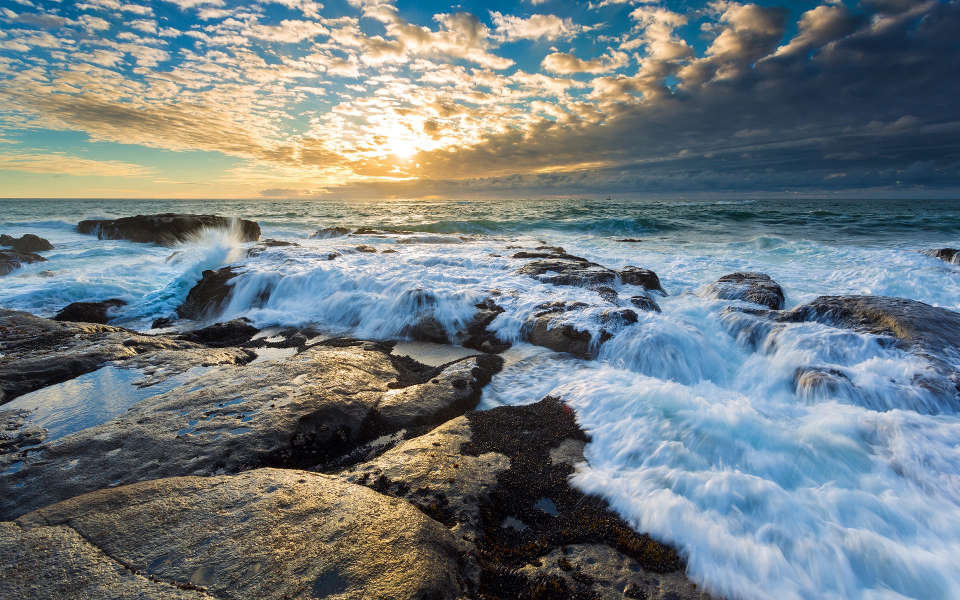 water stones waves sun sky clouds horizon