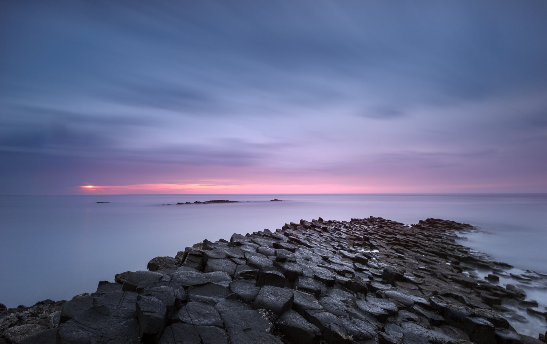 united kingdom northern ireland sea beach calm night pink sunset sky cloud