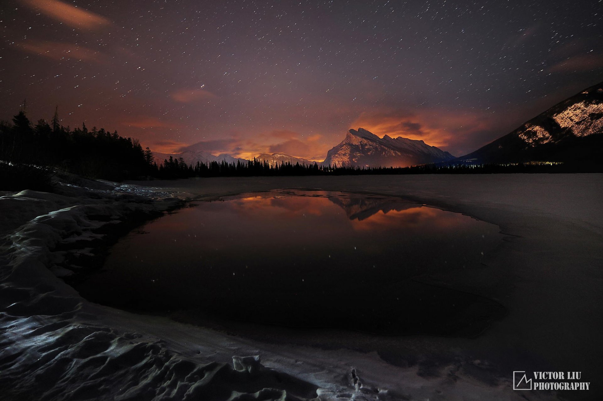 winter mountain glow snow night lake forest