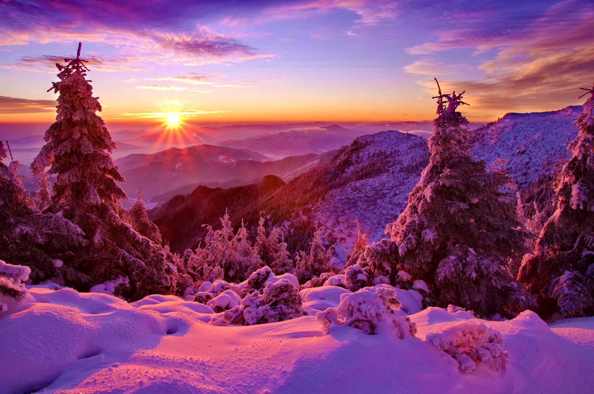 ciel coucher de soleil hiver montagnes forêt arbres sapin neige