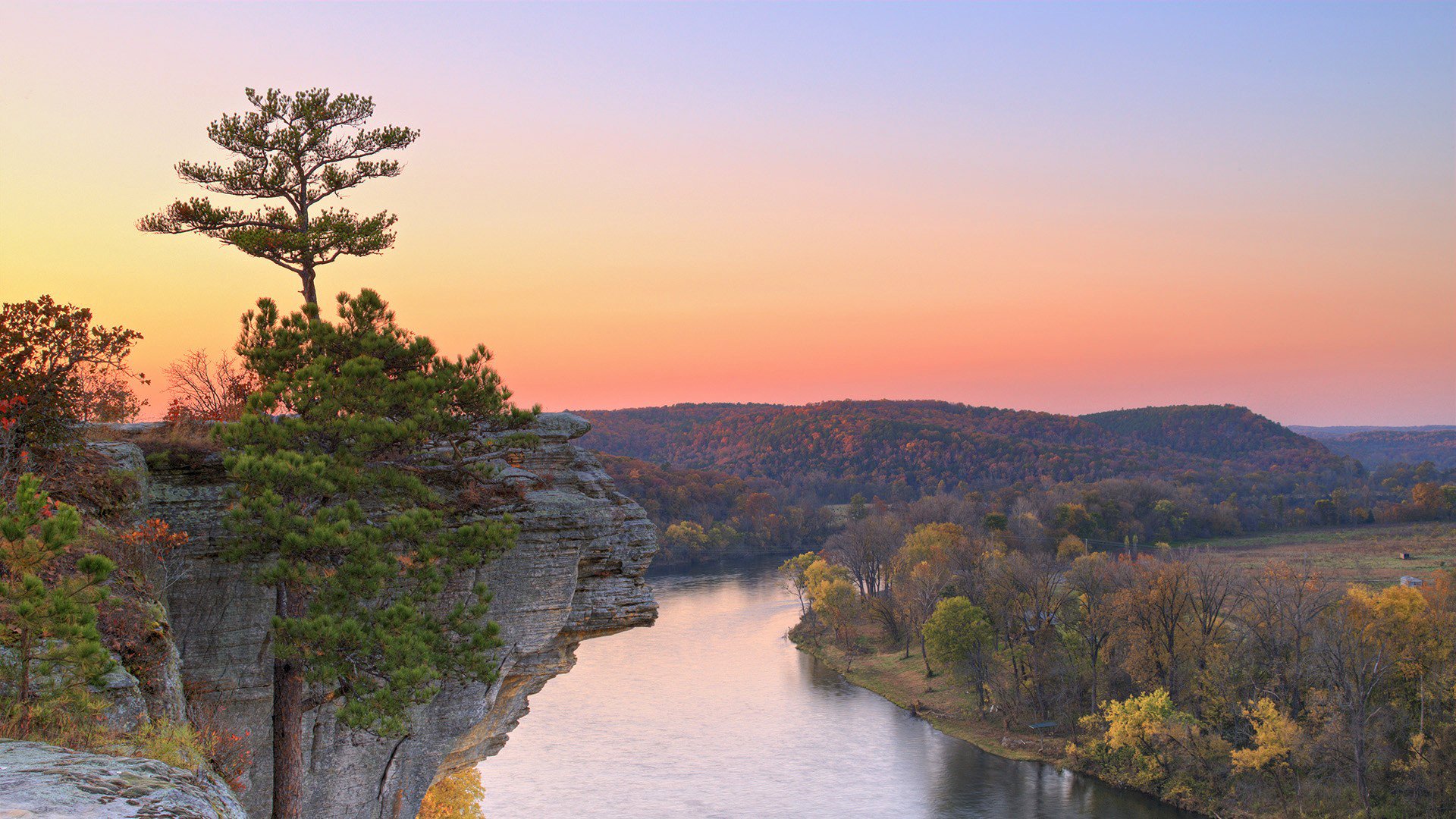 himmel sonnenuntergang berge rock wald bäume fluss herbst