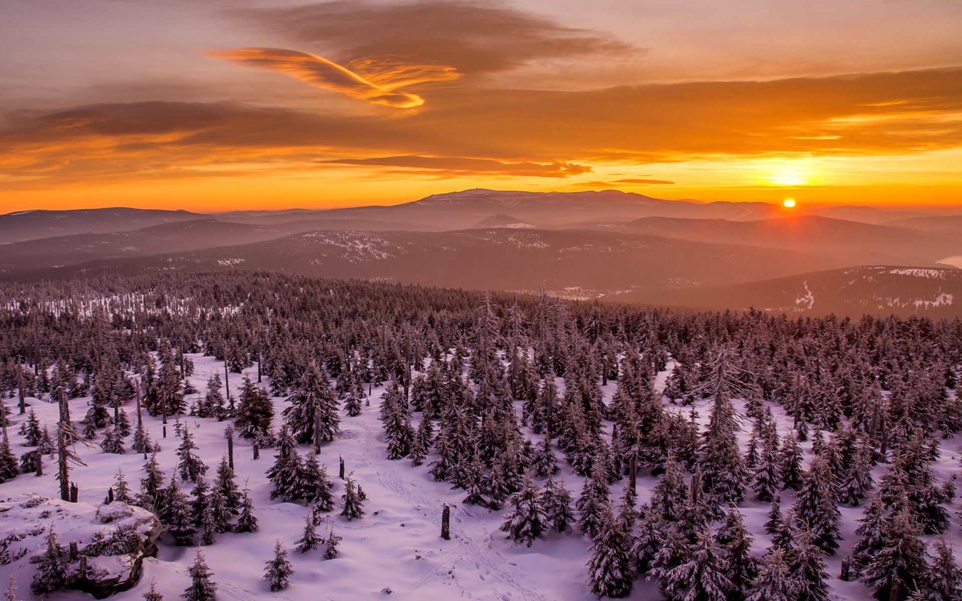 ciel nuages montagnes coucher de soleil hiver arbres