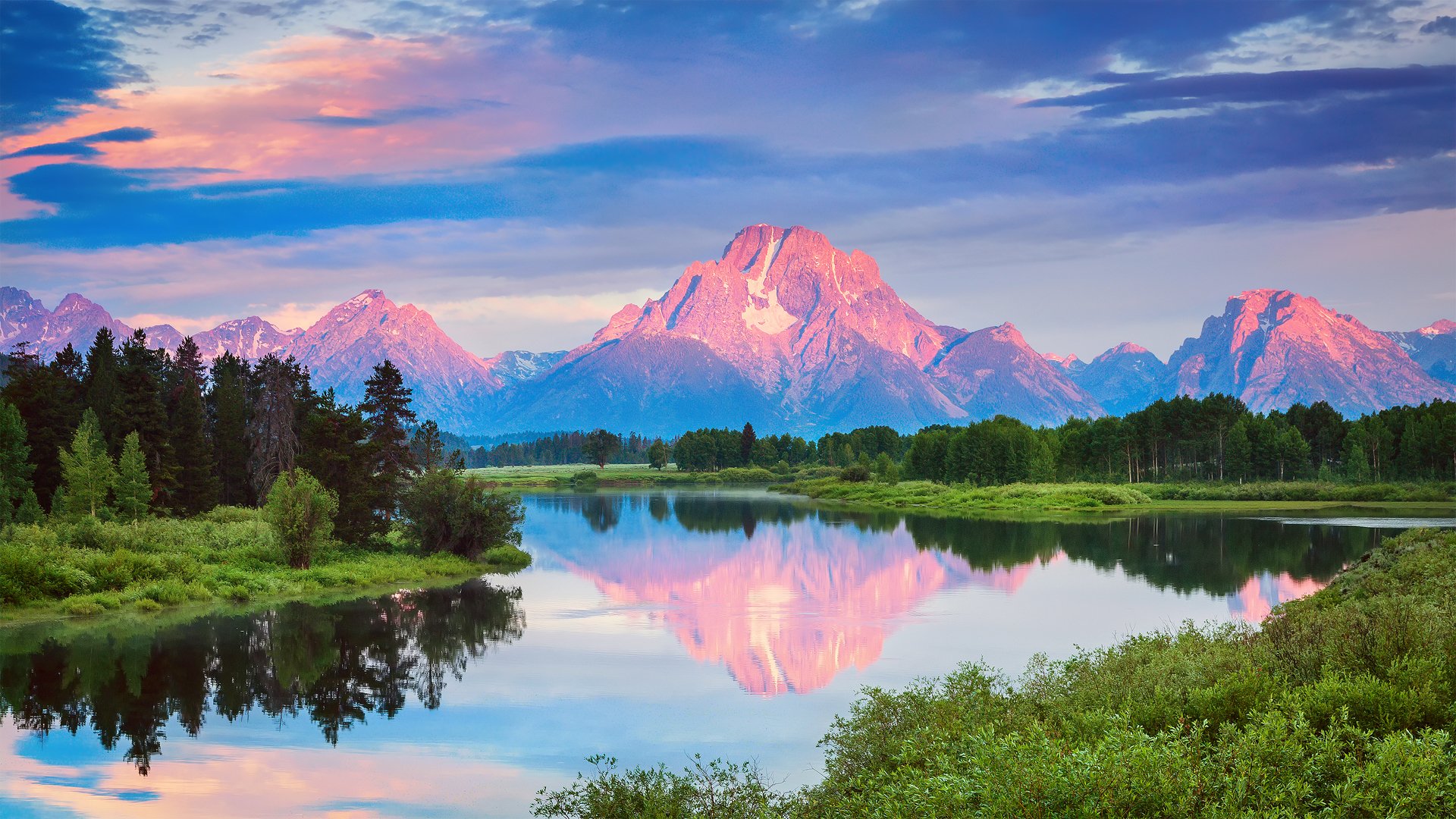 usa wyoming nationalpark grand teton rückstau biegen berge wasser wald morgen reflexionen wolken sommer juli