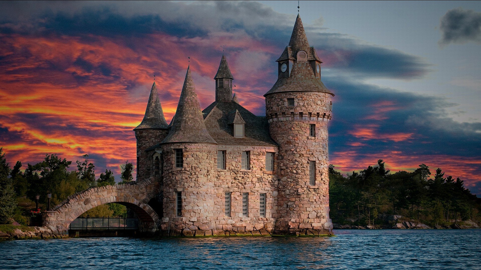 ky clouds sunset castle tower tree lake river