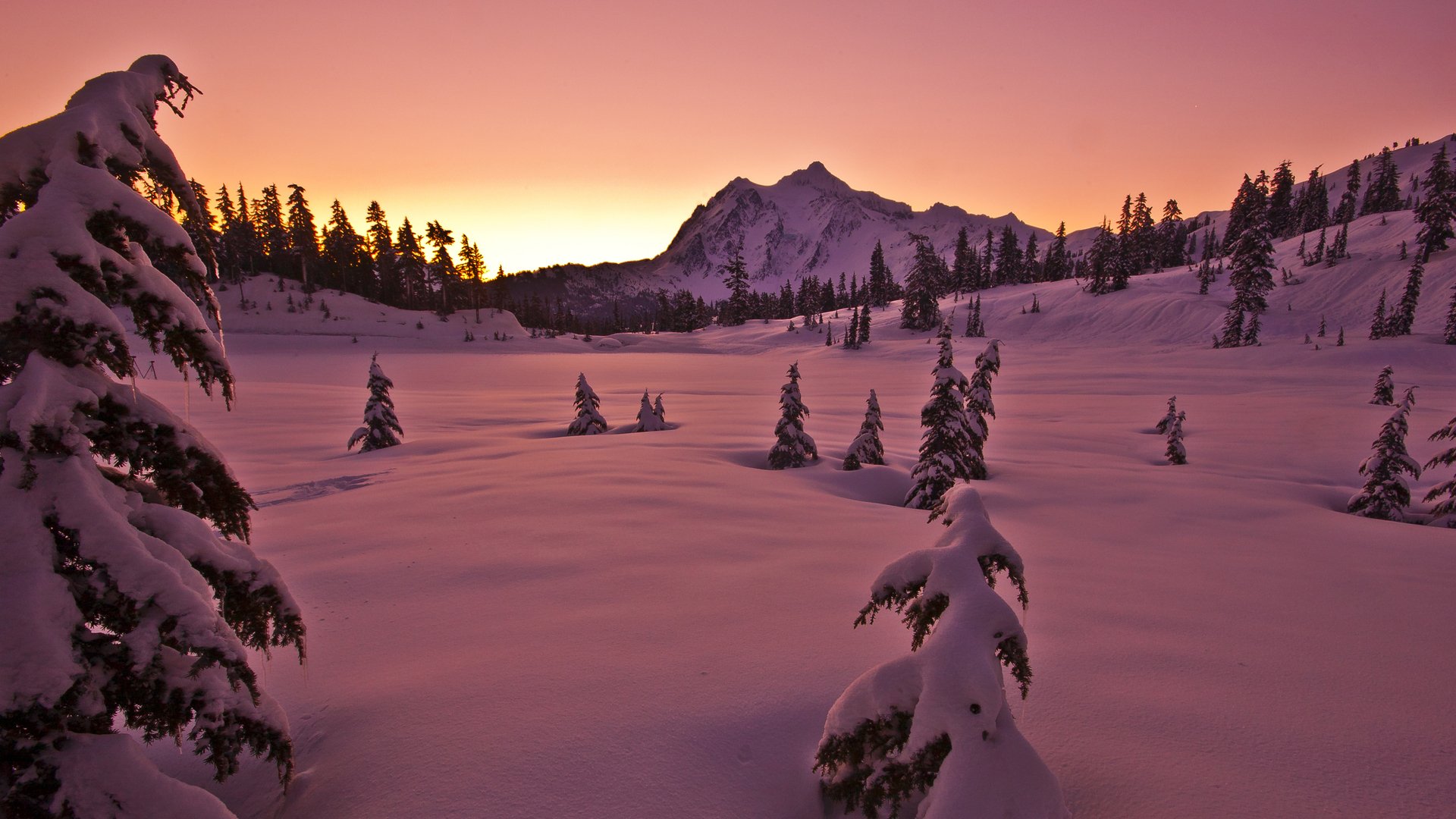 invierno nieve árboles montaña cielo puesta de sol