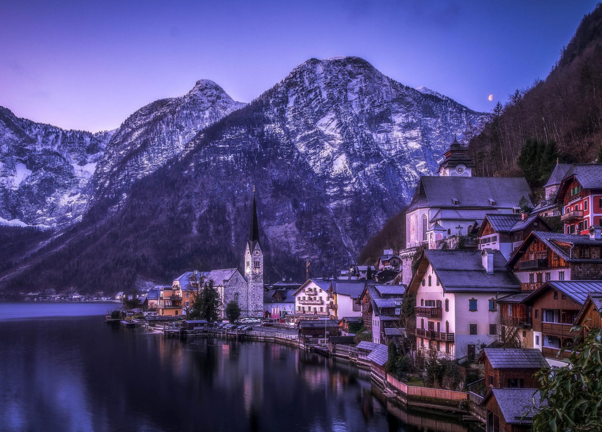 montañas lago casas invierno bosque naturaleza hallstatt austria comuna monumento de la unesco alpes