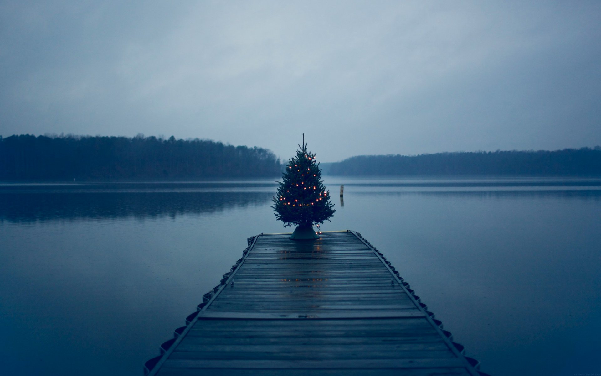 lac eau jetée forêt nuages arbre de noël lumières