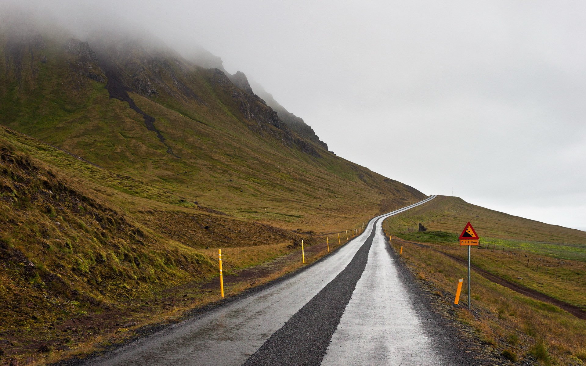 road mountain fog landscape