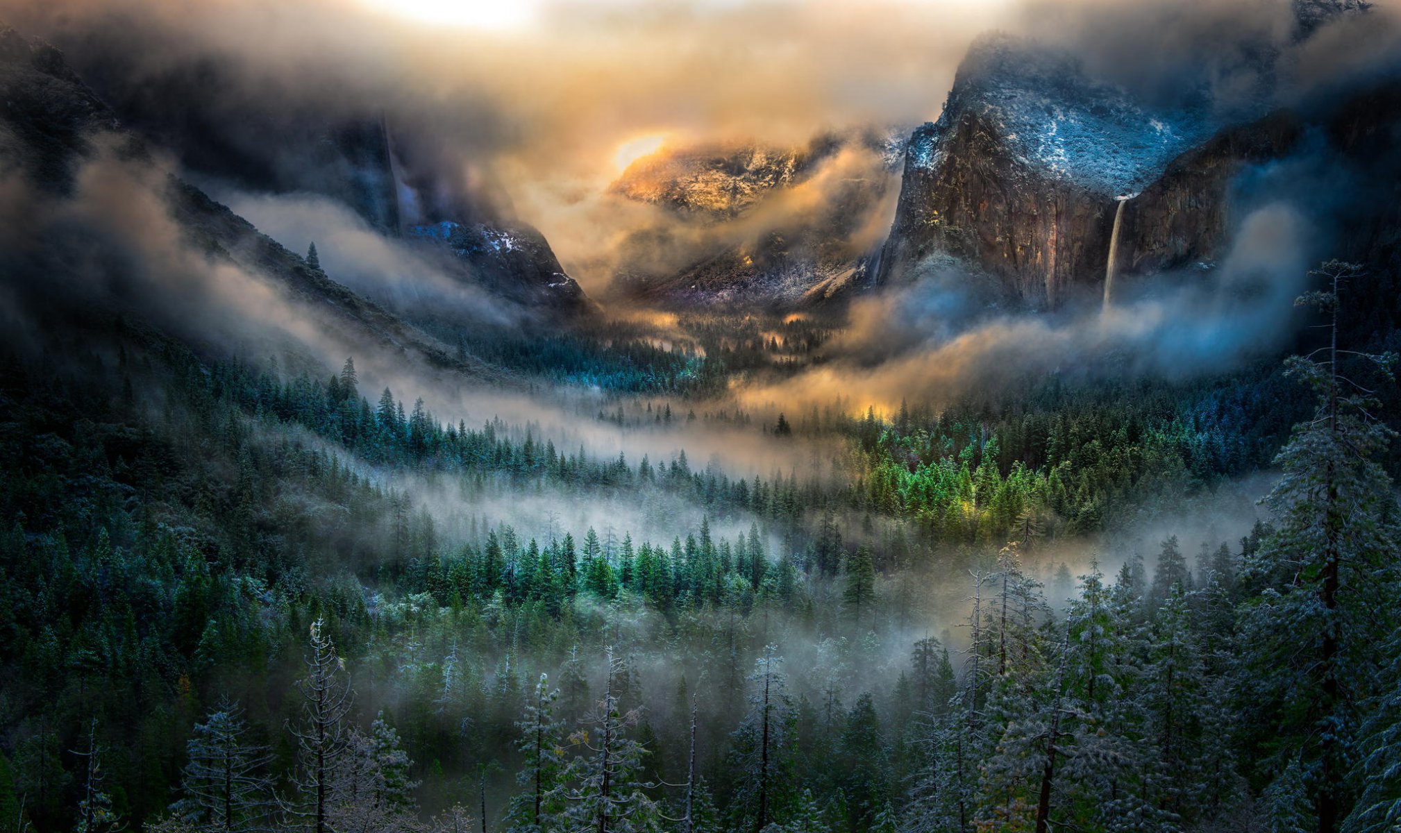 montagna foresta alba cascata nebbia valle inverno bridalveil falls california tunnel view parco nazionale di yosemite