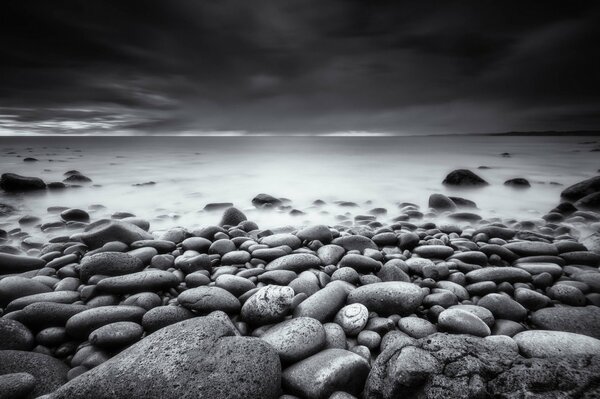 Stone beach, black and white photo