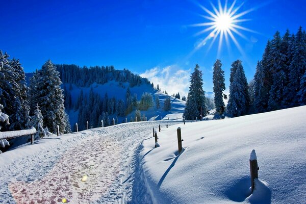 Zimowa droga i jasne słońce