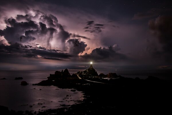 A burning lighthouse at night on the skeleton