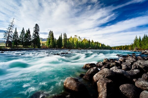 El flujo tumultuoso del río brilla con todos los tonos de azul y verde