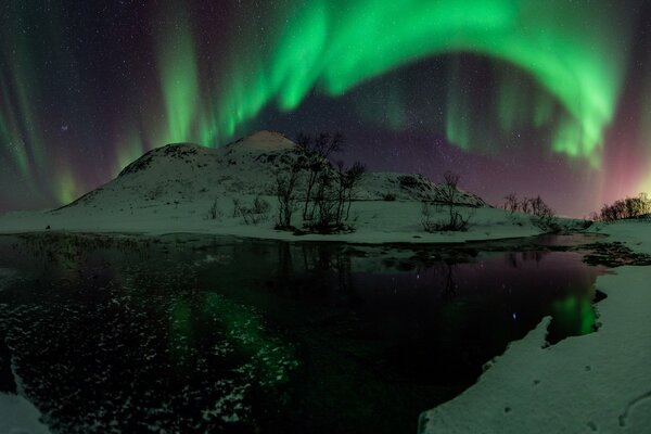 Sielanka zorzy polarnej w nocnej mgle z odbiciem w wodzie w odcieniach zieleni