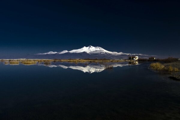 Reflection in the lake of the snowy mountain top